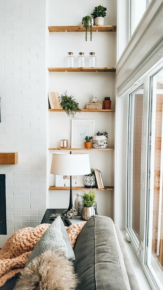 driftwood shelving in the living room