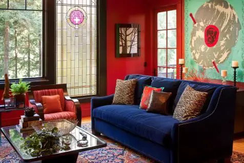 earthy red and blue living room