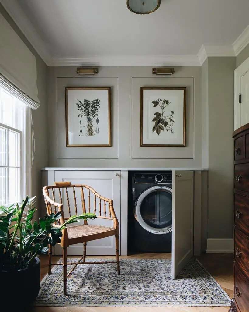 gray laundry room with board and batten wall