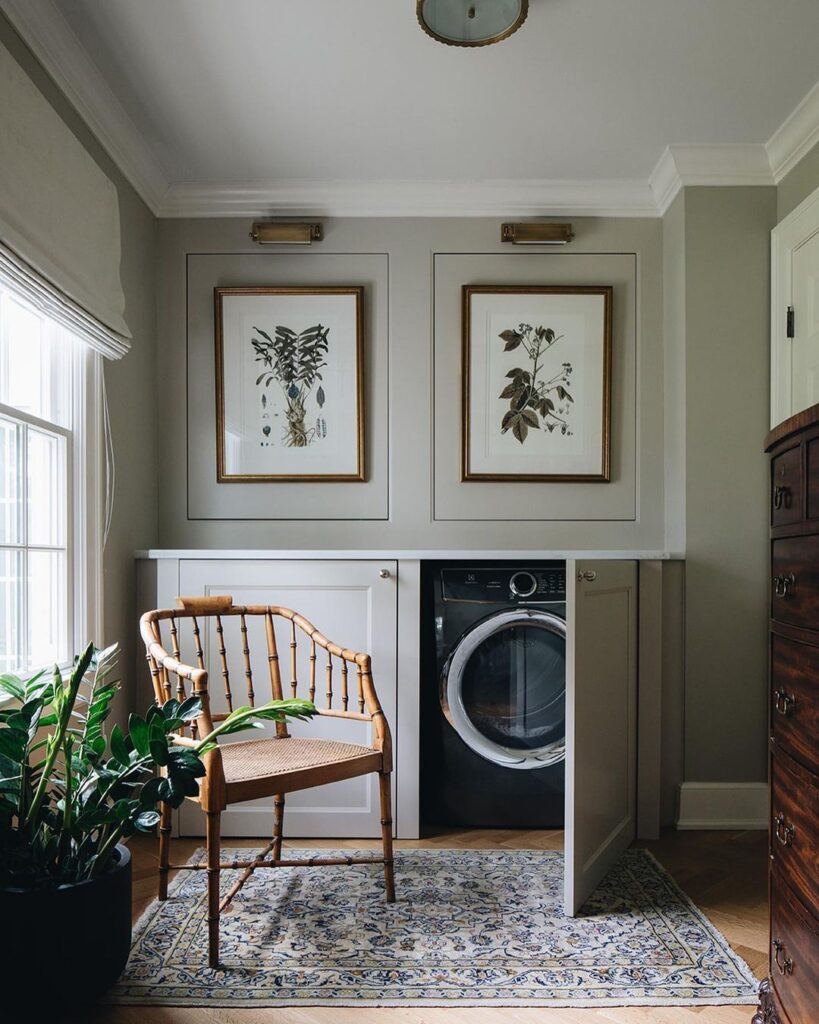 gray laundry room with board and batten wall