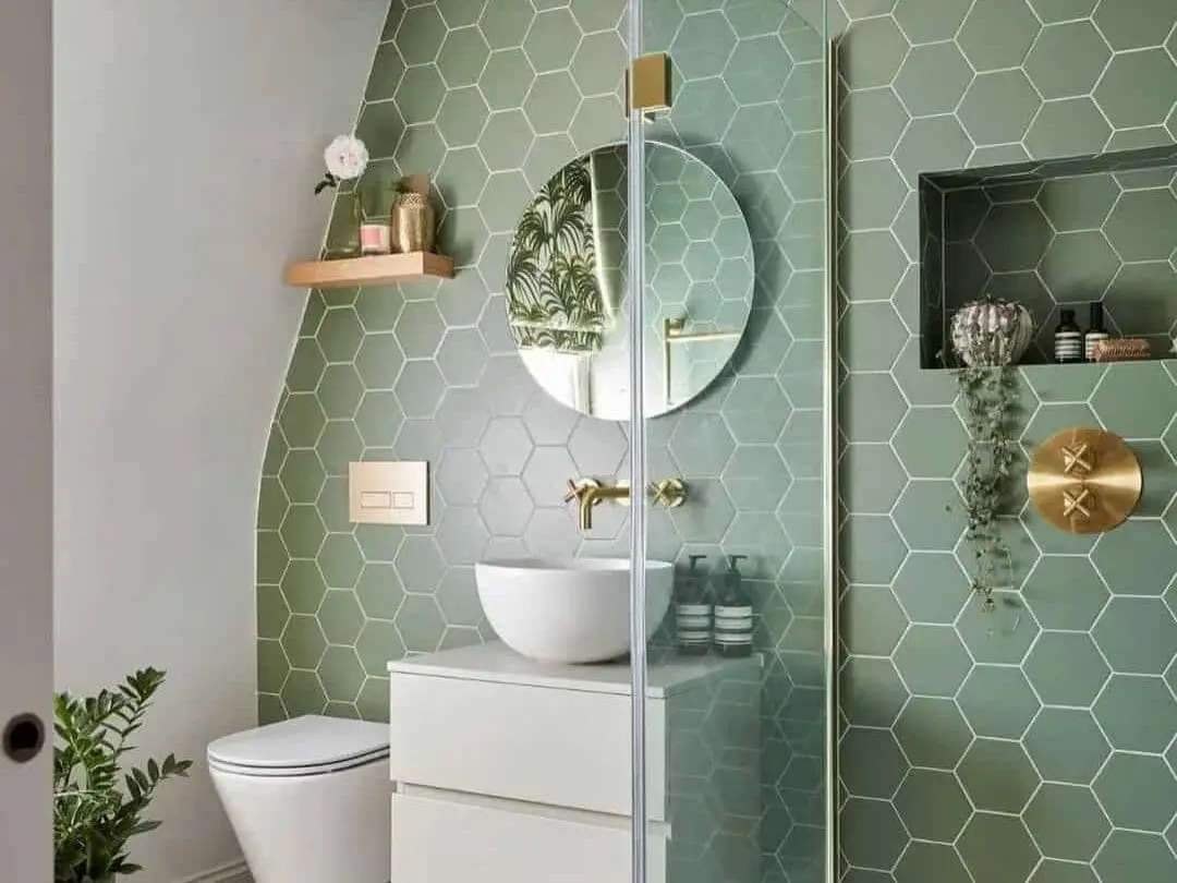 white and green bathroom idea with hexagon tiling