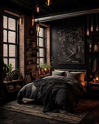 industrial black bedroom idea with exposed brick wall