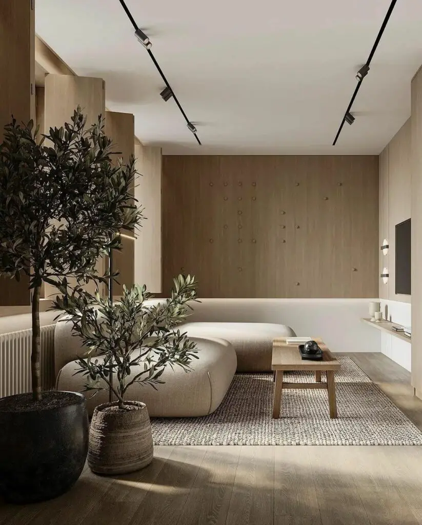 japandi living space with neutral colors and greenery