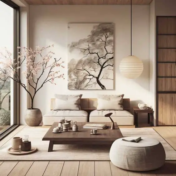 japanese art in japandi living room idea
