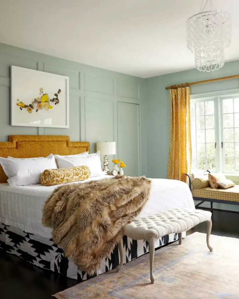 jewel toned bedroom with board and batten accent wall idea