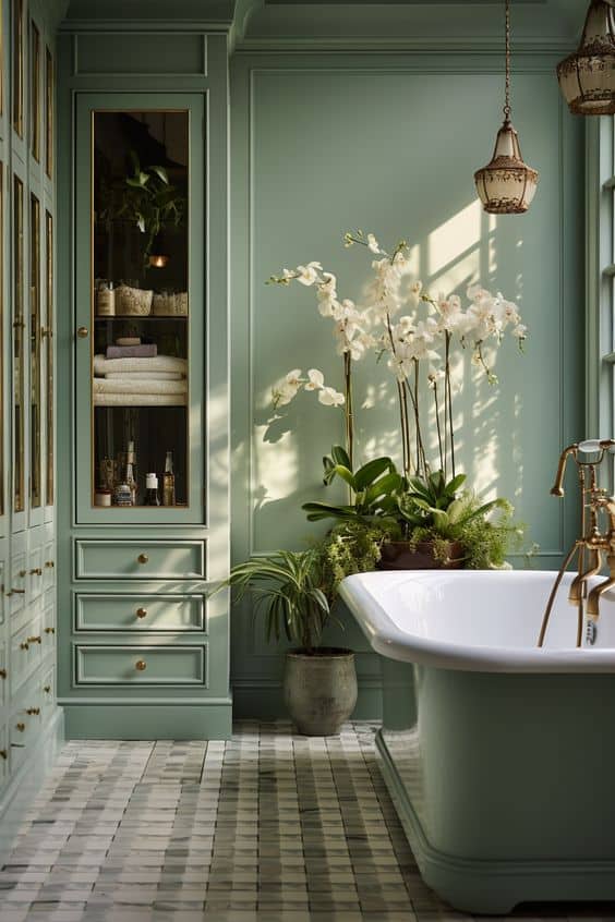 plants in sage green bathroom idea