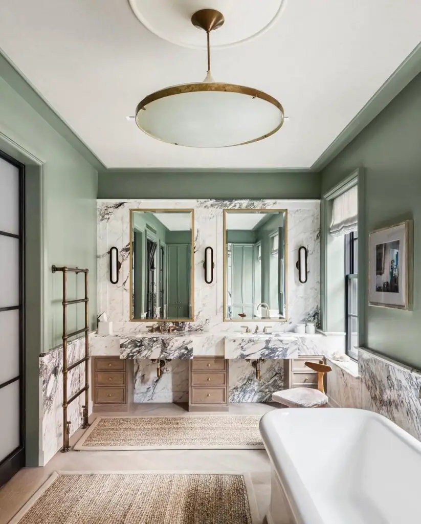 sage green bathroom idea with white marbles
