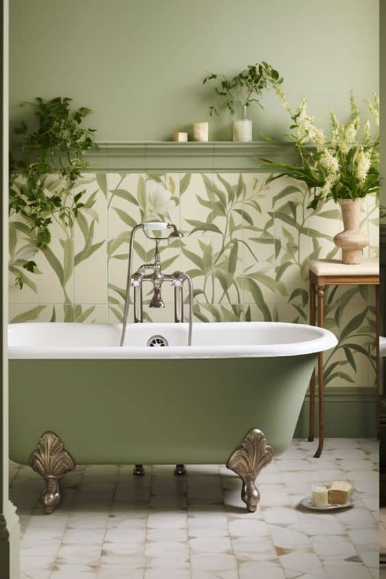 sage green bathroom with artistic tiles
