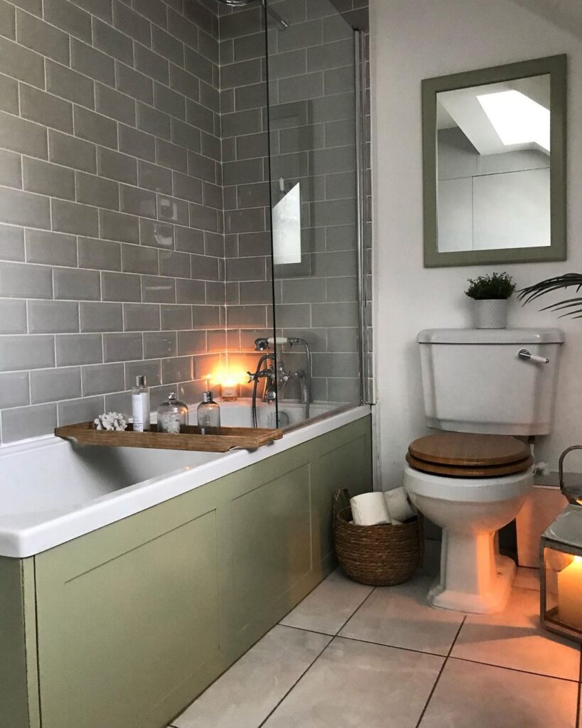 sage green bathtub in the bathroom