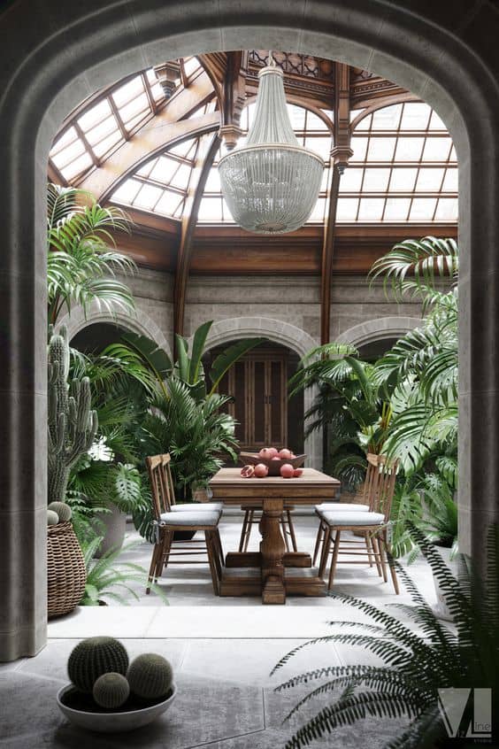 vaulted ceiling with plants